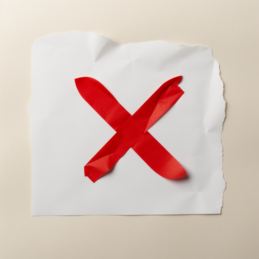 Red X mark made from tape on torn white paper, symbolizing rejection or warning