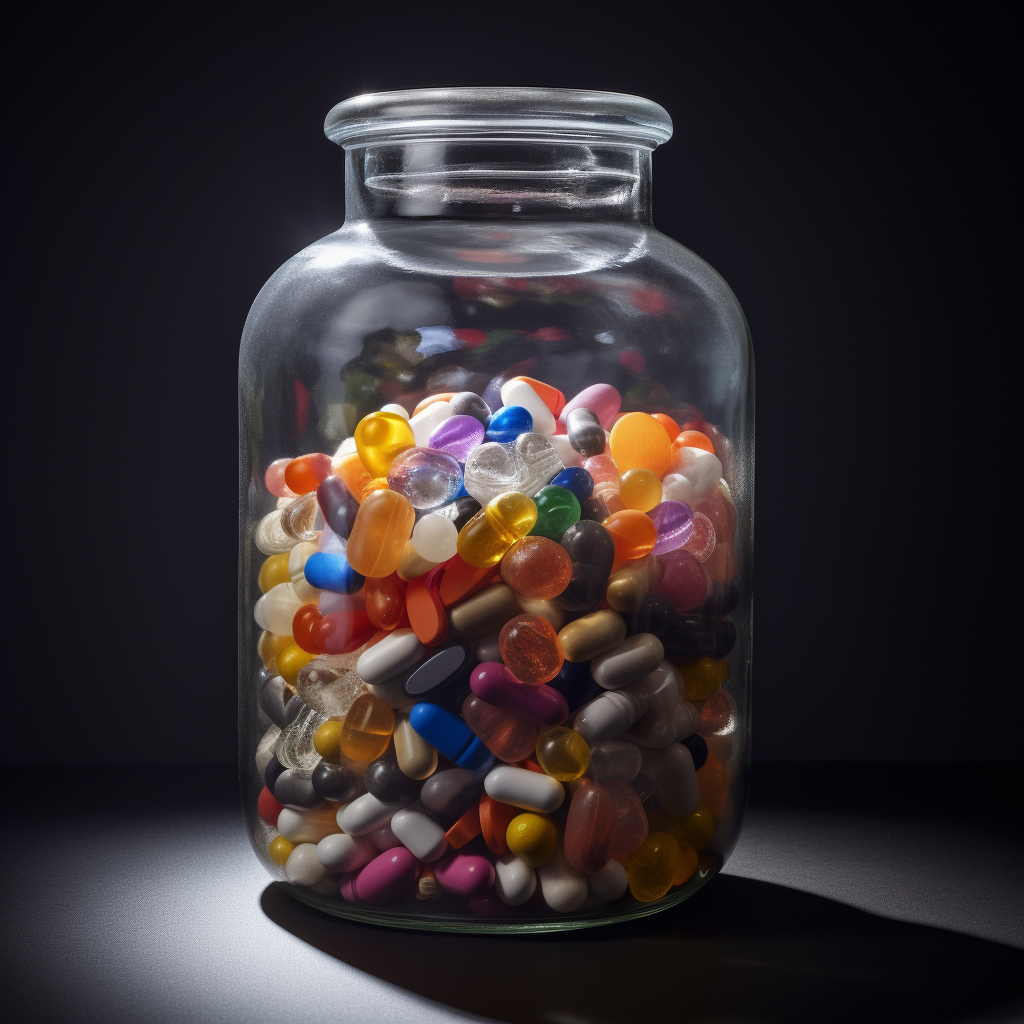 Large glass jar filled with colorful prescription pills and medications against dark background