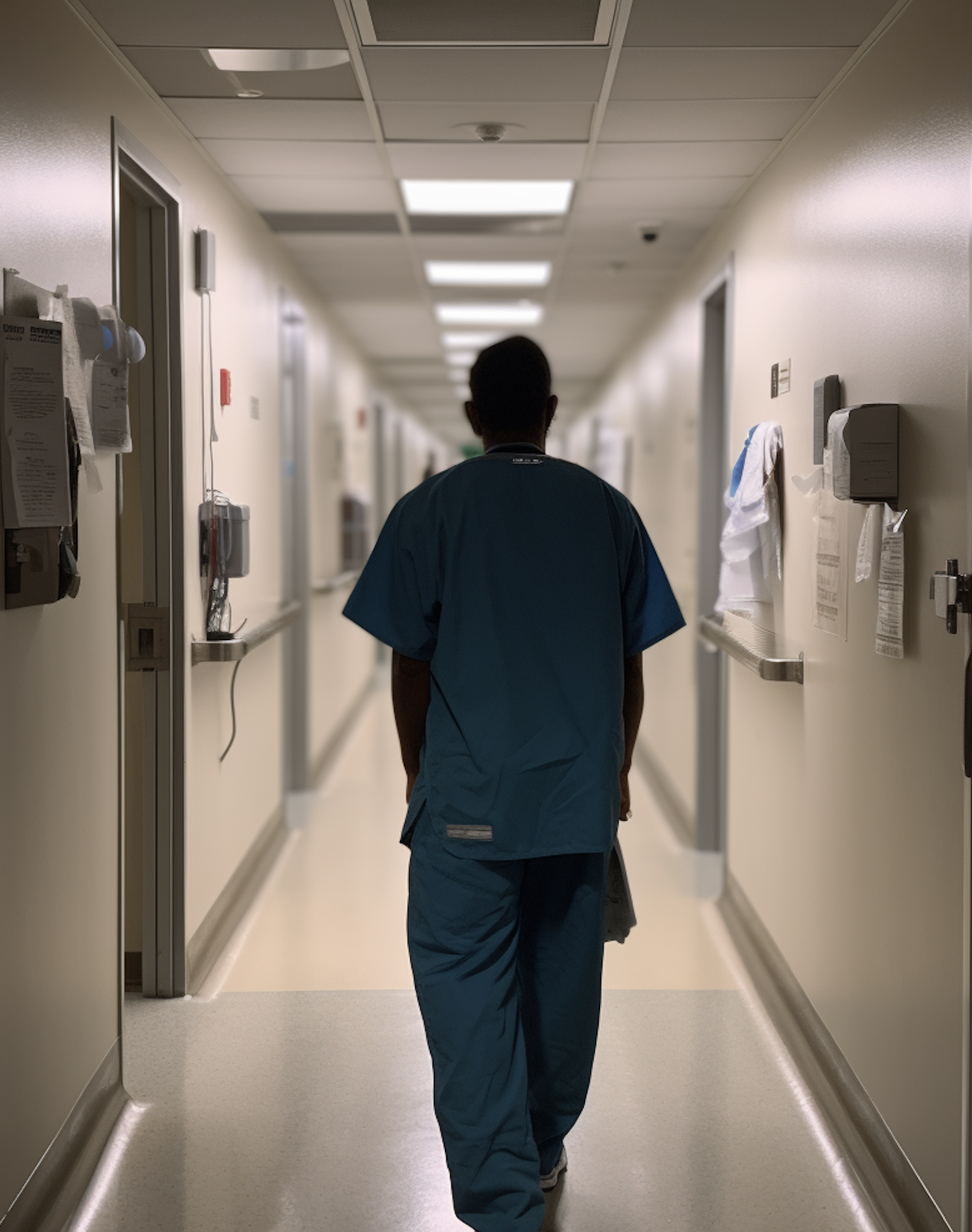 A healthcare provider walking on a corridor