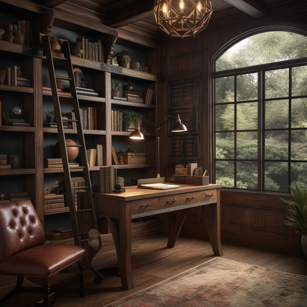Cozy wood-paneled home library with built-in shelves, desk near arched window, and leather chair