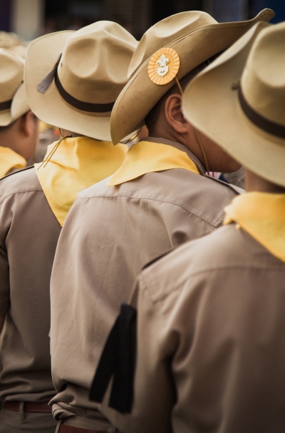 A boy scout group line up