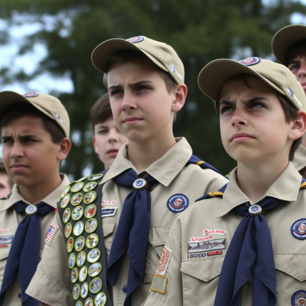 Boy Scouts in a line looking troubled